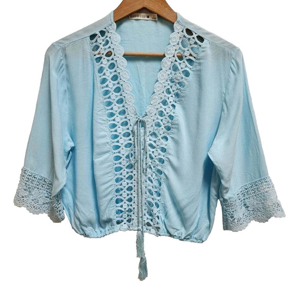 Beach By Exist Top Women L Blue Lace Eyelet V Neck 3/4 Slv Crop Elastic Hem Boho